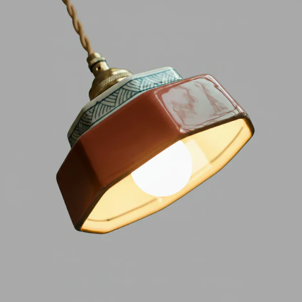 Handgeschilderde keramische hanglamp met gepolijst koper voor warme retro sfeer - Afbeelding 4
