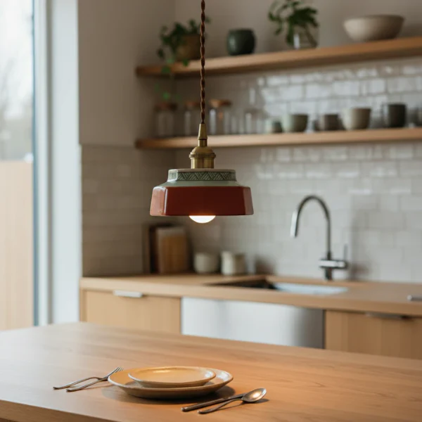 Handgeschilderde keramische hanglamp met gepolijst koper voor warme retro sfeer - Afbeelding 7