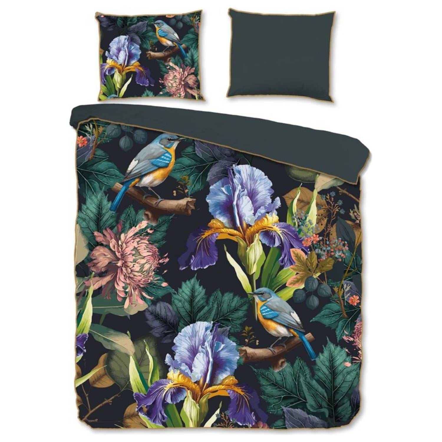 Descanso Dekbedovertrek bloemen en vogels Antraciet – 200×200/220 cm – Katoen Satijn