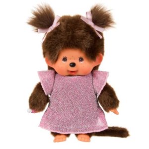 Monchhichi in roze glitterjurk